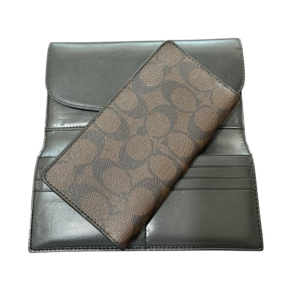 Coach Signature Tri-Fold Wallet Saffiano Leather Brown Black + Checkbook Cover - Picture 6 of 7